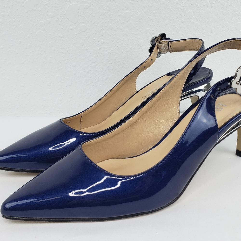 J. Renee Pearla Navy Faux Patent Lthr Slingbacks 8